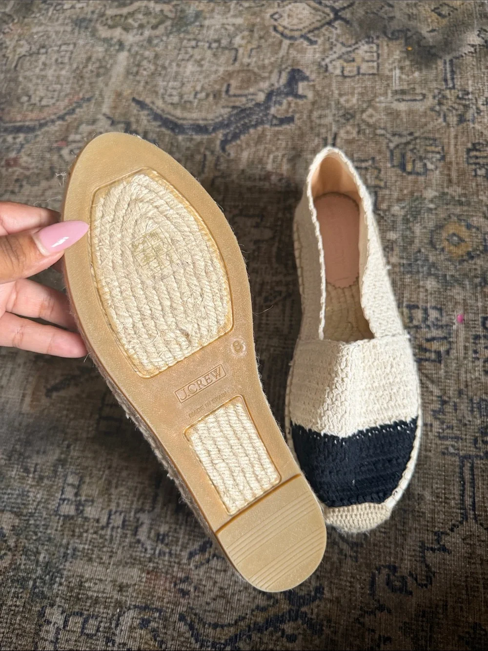 J. Crew Made-in-Spain two-tone crochet espadrilles Black Ivory Multi Sz 8 NEW